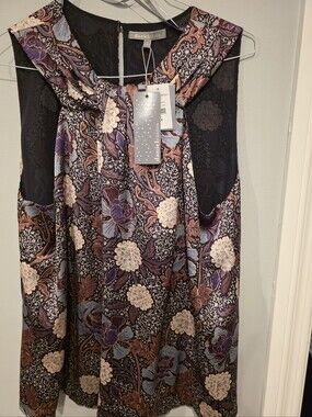 Daniel Rainn Black Floral Sleeveless Top with Purple and Cream Accents